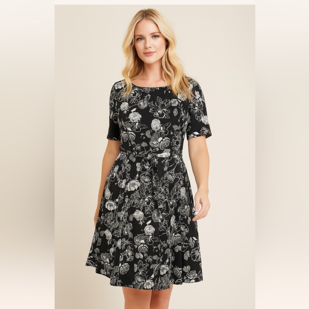 Charter Club Ladies Size 1X Black With White Roses Dress
